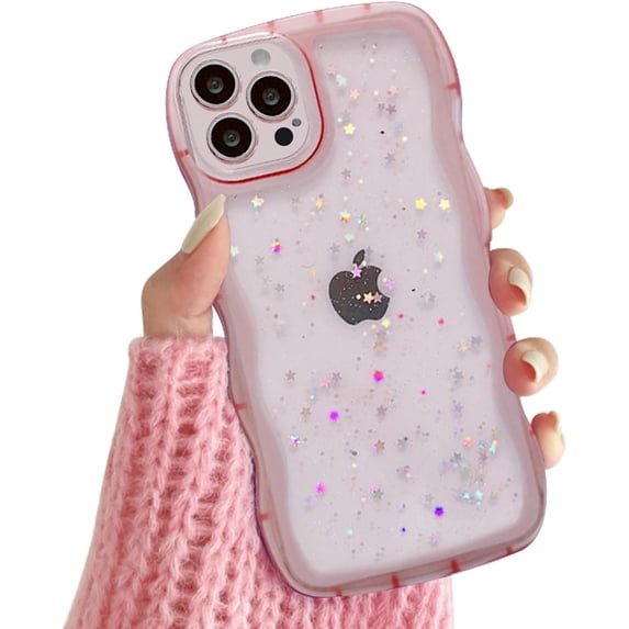 Compatible iPhone 13 Pro Max Case, Curly Wave Edge, Cute Transparent Bling Glitter Star Design, Soft TPU Shockproof Protective Case for Women and Girls (Pink)