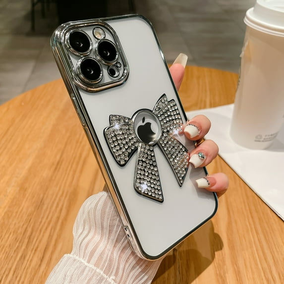 Compatible with iPhone 13 Pro Max Case, Cute 3D Crystal Bow Tie Bowknot Glitter Sparkle Bling Transparent Clear Soft Shockproof Plating Camera Lens Protection Cover Phone Case, Silver