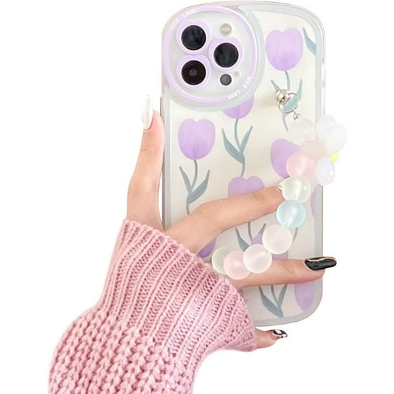 Compatible with iPhone 13 Pro Max Case,Cute 3D Flower Wrist Chain Floral Print Cover Camera Protection Shockproof Phone Case for Women Girls Design for iPhone 13 Pro Max-Purple