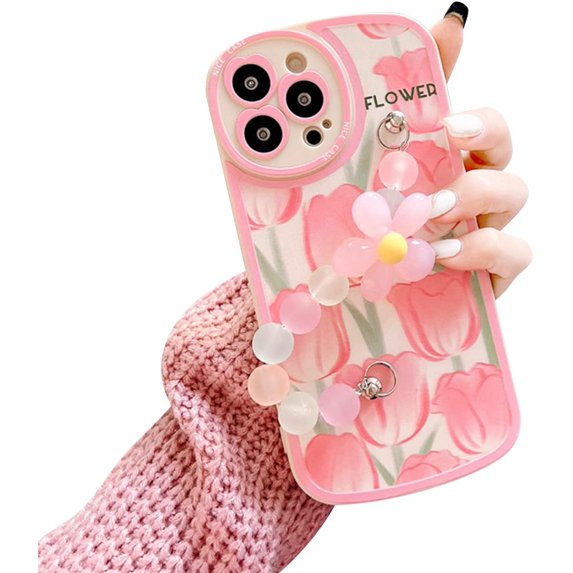 Compatible with iPhone 13 Pro Max Case,Cute 3D Flower Wrist Chain Floral Print Cover Camera Protection Shockproof Phone Case for Women Girls Design for iPhone 13 Pro Max-Pink