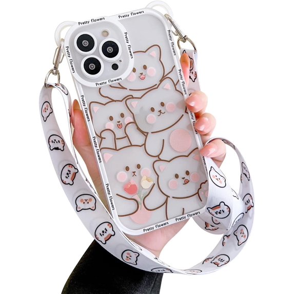 Compatible with iPhone 13 Pro Max Case Cute Bear Kawaii Cartoon Pattern Crossbody Adjustable Strap Neck Lanyard Shockproof Protective Cover for iPhone 13 Pro Max-White