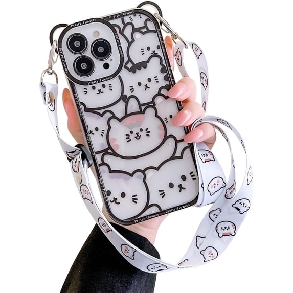 Compatible with iPhone 13 Pro Max Case Cute Bear Kawaii Cartoon Pattern Crossbody Adjustable Strap Neck Lanyard Shockproof Protective Cover for iPhone 13 Pro Max-Black
