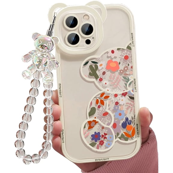 Compatible with iPhone 13 Pro Max Case, Cute Flowers Bear Camera Protector Clear Case with Lovely Strap Bracelet Chain Girls Women Case for iPhone 13 Pro Max
