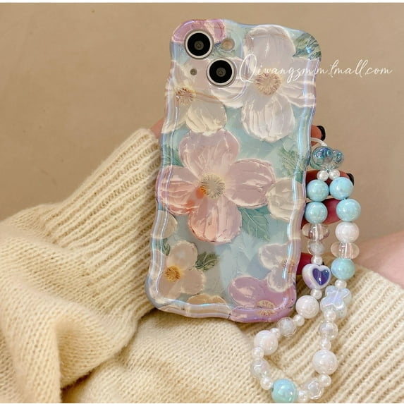 Compatible for iPhone 13 Pro Max Case with Cute Holographic Sparkly Retro Oil Painting Flowers Design for Girls Woman TPU Slim Floral Cover+Colored Pearls Phone Charm-Green