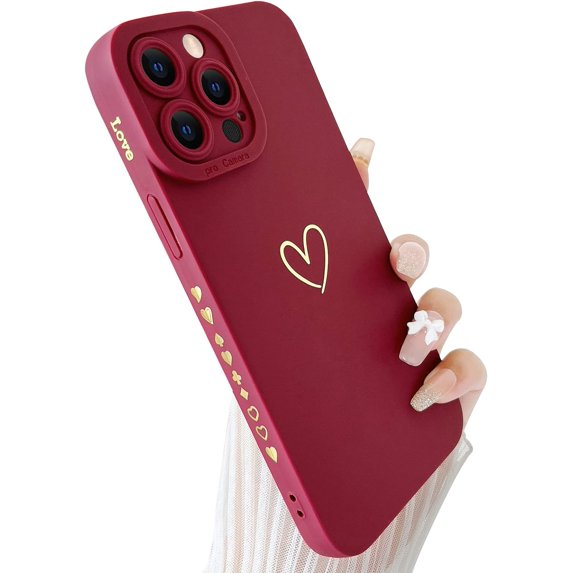 Compatible with iPhone 13 Pro Max Case Cute, Luxury Heart Phone Case Side Pattern Soft TPU Shockproof Full Camera Lens Protective Case for iPhone 13 Pro Max 6.7" for Women Girl - Burgundy