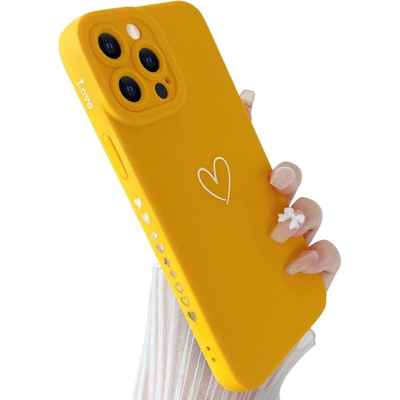 Compatible with iPhone 13 Pro Max Case Cute, Luxury Heart Phone Case Side Pattern Soft TPU Shockproof Full Camera Lens Protective Case for iPhone 13 Pro Max 6.7" for Women Girl - Yellow