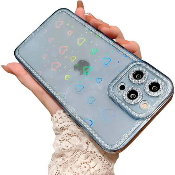 Compatible with iPhone 13 Pro Max Case with Diamond Pattern, Holographic Love Heart Clear Case for iPhone 13 Pro Max 6.7 Inch Laser Bling Cute Shockproof Case for Women Girl Blue