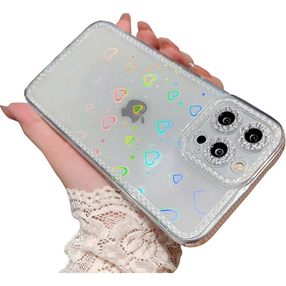 Compatible with iPhone 13 Pro Max Case with Diamond Pattern, Holographic Love Heart Clear Case for iPhone 13 Pro Max 6.7 Inch Laser Bling Cute Shockproof Case for Women Girl Clear