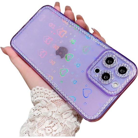Compatible with iPhone 13 Pro Max Case with Diamond Pattern, Holographic Love Heart Clear Case for iPhone 13 Pro Max 6.7 Inch Laser Bling Cute Shockproof Case for Women Girl Purple