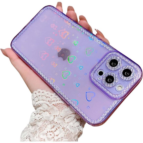 Compatible with iPhone 13 Pro Max Case with Diamond Pattern, Holographic Love Heart Clear Case for iPhone 13 Pro Max 6.7 Inch Laser Bling Cute Shockproof Case for Women Girl Purple
