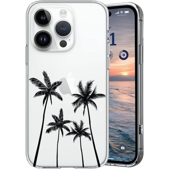 Compatible with iPhone 13 Pro Max Case Floral Cute Palm Tree Leaf Flowers Beach Sunset Hard Back Bumper Protective Shockproof Clear Floral Case for Women Girls, 6.7inch 2021 (Palmz 13ProMax)