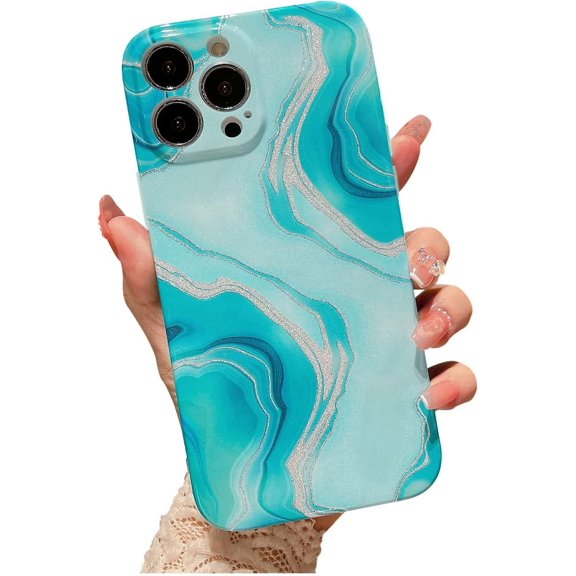 Compatible with iPhone 13 Pro Max Case, Glitter Bling Silver Sand Powder Marble Pattern Hard Back Cover, Shockproof Lens Camera Protection Sparkly Phone Case for Women Girls - Green