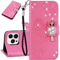 thumbnail image 1 of Compatible with iPhone 13 Pro Max Case Glitter Stylish Crystal Owl with Wrist Strap Kickstand Magnetic Leather Wallet for Women Flip Phone Case for iPhone 13 Pro Max 6.7 inch Pink YK, 1 of 14