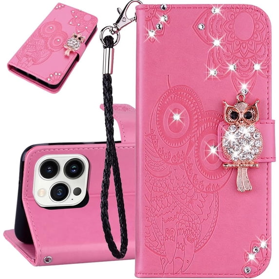 Compatible with iPhone 13 Pro Max Case Glitter Stylish Crystal Owl with Wrist Strap Kickstand Magnetic Leather Wallet for Women Flip Phone Case for iPhone 13 Pro Max 6.7 inch Pink YK