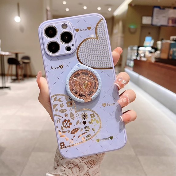 Compatible with iPhone 13 Pro Max Case with Kickstand, Glitter Sparkle Bling Love Heart Case Luxury Shiny Cute Flower Slim Bumper Diamond Cover Protective Cases Cover