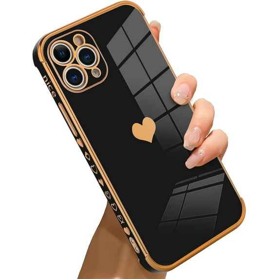 Compatible with iPhone 13 Pro Max Case Love Heart Plating Electroplate Luxury Elegant Case Camera Protector Soft TPU Shockproof Protective Corner Back Cover iPhone 13 Pro Max Case -Black