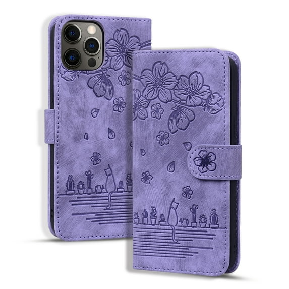 Compatible For iPhone 13 Pro Max Case,Luxury Cute Pattern Embossed PU Leather Card Flip Wallet with Wrist Strap and Shockproof Flexible Stand Cover.For iPhone 13 Pro Max,Purple