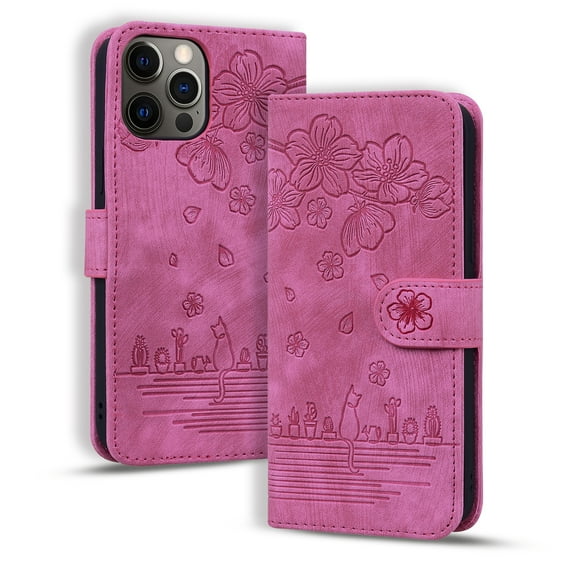Compatible For iPhone 13 Pro Max Case,Luxury Cute Pattern Embossed PU Leather Card Flip Wallet with Wrist Strap and Shockproof Flexible Stand Cover.For iPhone 13 Pro Max,Rose