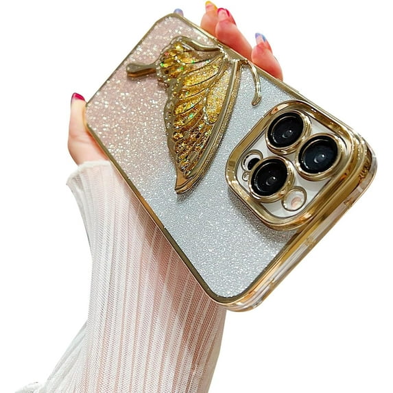 Compatible for iPhone 13 Pro Max Case with Luxury Glitter Cute Butterfly Plating Design Aesthetic Women Teen Girls Phone Cases Camera Protection Shockproof Cover-Glitter Gold