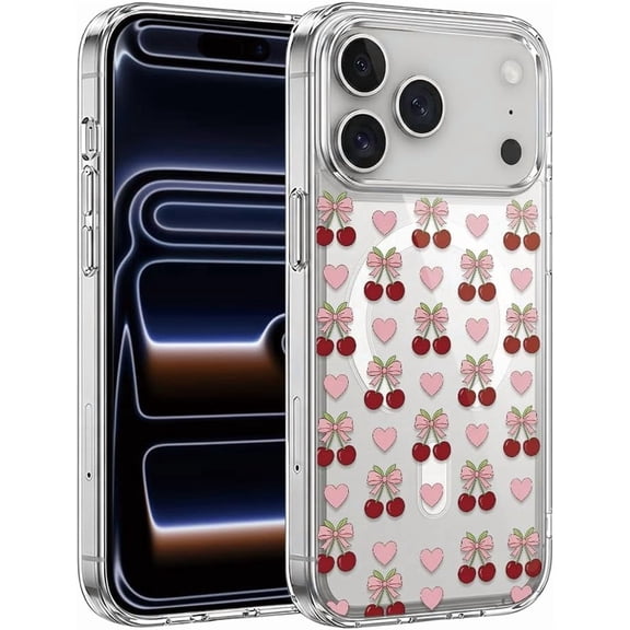 Compatible with iPhone 13 Pro Max Case Magnetic Clear Aesthetic Phone Case Slim Thin Soft Protective Cover Cherry Bowknot Heart Pattern Cute Trendy Fashion Shell for Women Girls