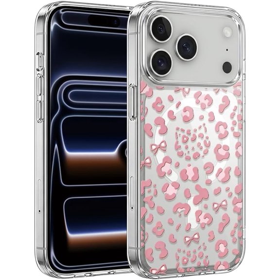 Compatible with iPhone 13 Pro Max Case Magnetic Clear Aesthetic Pink Leopard Print Phone Case Slim Thin Soft Protective Cover Cute Bowknot Pattern Trendy Fashion Shell for Women Girls