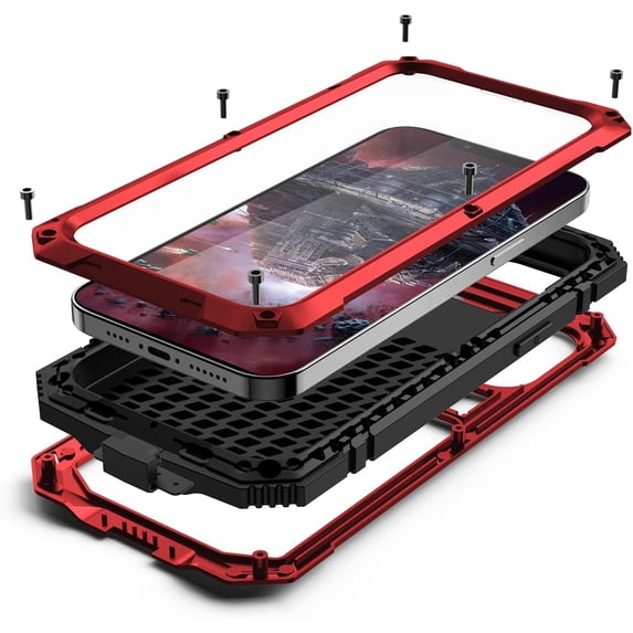 Compatible with iPhone 13 Pro Max Case Metal Phone Case Stand Built in Screen Protector Outdoor Sports Heavy Duty Protection Shockproof Cover (2021 6.7 lnch) Red