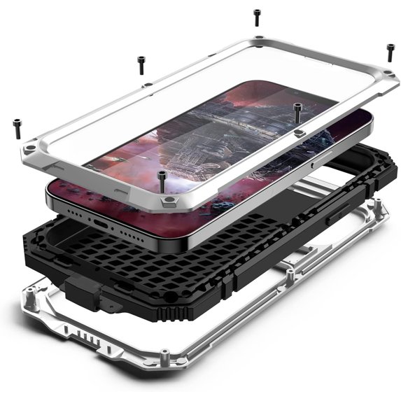 Compatible with iPhone 13 Pro Max Case Metal Phone Case Stand Built in Screen Protector Outdoor Sports Heavy Duty Protection Shockproof Cover (2021 6.7 lnch) Silver