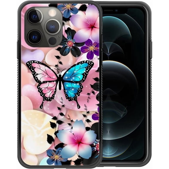 Compatible with iPhone 13 Pro Max Case,Pattern Design Hard PC Back Cover Non-Slip Soft TPU Protective Case for iPhone 13 Pro Max for Women 6.7inch-Pink Blue Butterfly