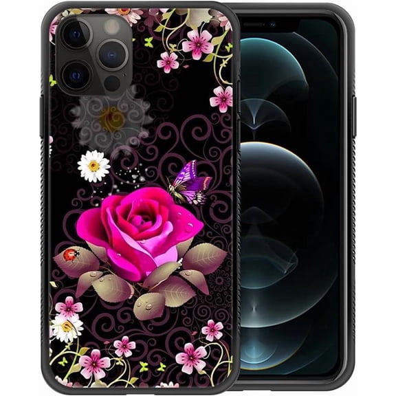 Compatible with iPhone 13 Pro Max Case, Pattern Design Hard PC Back Cover Non-Slip Soft TPU Protective Case for iPhone 13 Pro Max for Women 6.7inch-Pink Rose Purple Butterfly