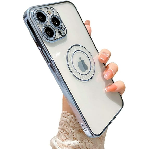 Compatible with iPhone 13 Pro Max Case with Plating Diamond Pattern, Clear Case for iPhone 13 Pro Max 6.7 Inch Lens Camera Shockproof Glitter Bling Logo Case for Women Girl Blue