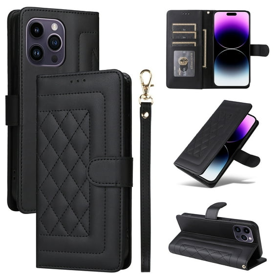Compatible with iPhone 13 Pro Max Case, Premium Leather iPhone 13 Pro Max Wallet Book Case Magnetic Flip RFID Blocking Credit Card Holder Kickstand with Wrist Strap Shock Absorbing Case, Black