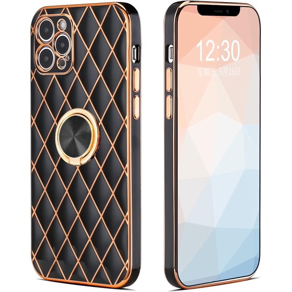Compatible with iPhone 13 Pro Max Case with Ring Holder, Luxury Gold Plating Glitter 3D Geometric Bling Diamond Girly Case with Lens Protector Slim Sleek TPU Kickstand Cute Case for Women Girls
