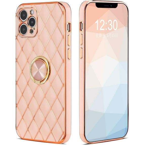 Compatible with iPhone 13 Pro Max Case with Ring Holder, Luxury Gold Plating Glitter 3D Geometric Bling Diamond Girly Case with Lens Protector Slim Sleek TPU Kickstand Cute Case for Women Girls