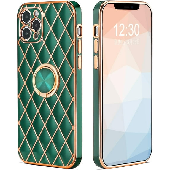 Compatible with iPhone 13 Pro Max Case with Ring Holder, Luxury Gold Plating Glitter 3D Geometric Bling Diamond Girly Case with Lens Protector Slim Sleek TPU Kickstand Cute Case for Women Girls