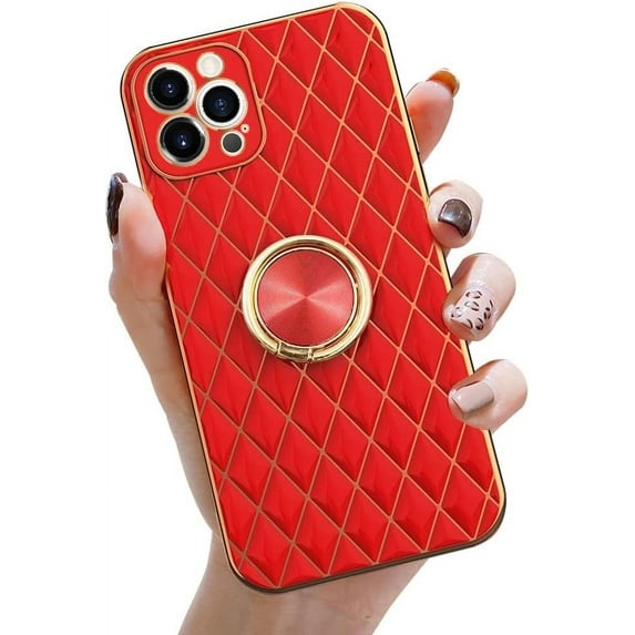Compatible with iPhone 13 Pro Max Case with Ring Holder, Luxury Gold Plating Glitter 3D Geometric Bling Diamond Girly Case with Lens Protector Slim Sleek TPU Kickstand Cute Case for Women Girls