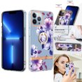 thumbnail image 1 of Compatible for iPhone 13 Pro Max Case with Ring Kickstand Holder Clear Floral Pattern Hybrid PC TPU Shockproof Protective Phone Case Cover for iPhone 13 Pro Max Women Girls, Purple Flower, 1 of 5