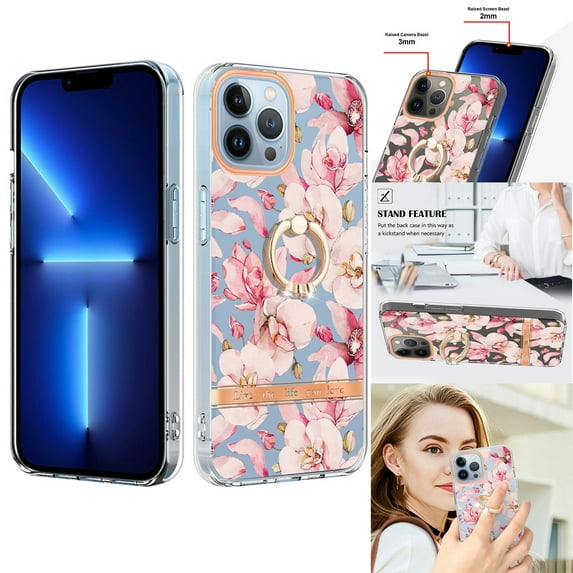 Compatible for iPhone 13 Pro Max Case with Ring Kickstand Holder Clear Floral Pattern Hybrid PC TPU Shockproof Protective Phone Case Cover for iPhone 13 Pro Max Women Girls, Pink Flower