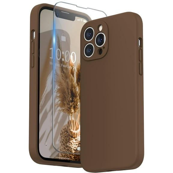 Compatible with iPhone 13 Pro Max Case with Screen Protector, (Camera Protection + Soft Microfiber Lining) Liquid Silicone Phone Case 6.7 inch 2021, Brown