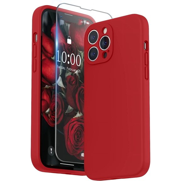 Compatible with iPhone 13 Pro Max Case with Screen Protector, (Camera Protection + Soft Microfiber Lining) Liquid Silicone Phone Case 6.7 inch 2021, Red
