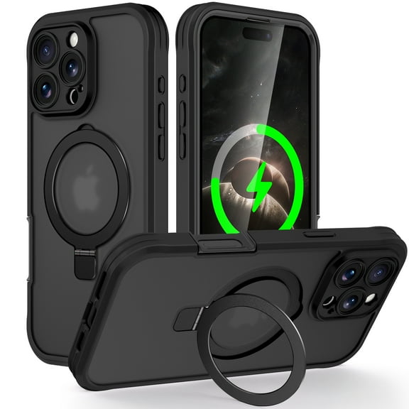 Compatible for iPhone 13 Pro Max Case with [Screen Protector Film] Invisible Magnetic Ring Stand Military-Grade Translucent Matte Case for iPhone 13 Pro Max [Compatible with Mag-Safe], Black