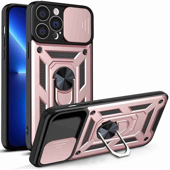 Compatible with iPhone 13 Pro Max Case with Sliding Camera Lens Cover and Ring Kickstand Heavy Duty Military Grade Protection Phone Shockproof Back Cover for iPhone 13 Pro Max, Rosegold