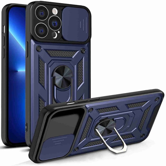 Compatible with iPhone 13 Pro Max Case with Sliding Camera Lens Cover and Ring Kickstand Heavy Duty Military Grade Protection Phone Shockproof Back Cover for iPhone 13 Pro Max, Blue