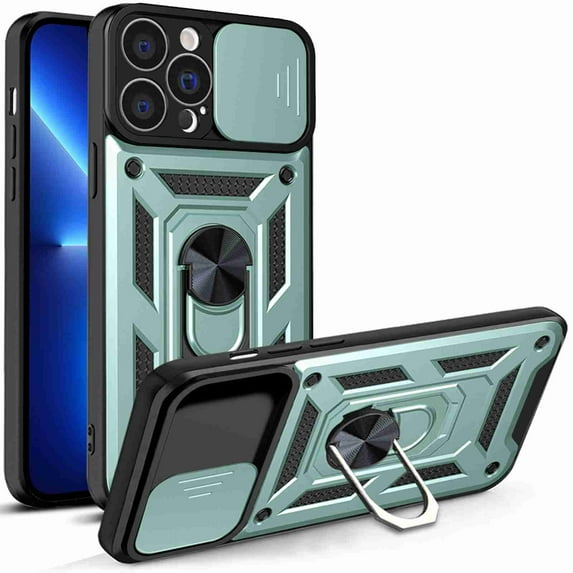 Compatible with iPhone 13 Pro Max Case with Sliding Camera Lens Cover and Ring Kickstand Heavy Duty Military Grade Protection Phone Shockproof Back Cover for iPhone 13 Pro Max, Green