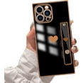 thumbnail image 1 of Compatible with iPhone 13 Pro Max Case with Strap Women Girls, Cute Luxury Gold Heart Pattern, Soft TPU Shockproof Loop Plating Protective Square Case Cover for iPhone 13 Pro Max 6.7 in-Black, 1 of 12
