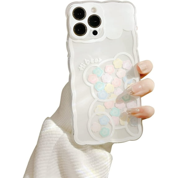 Compatible with iPhone 13 Pro Max Case Thin for Women Girls,Soft Flexible TPU Clear Flower Bear Case Slim Anti-Scratch Shockproof Cute Floral Bear Case Cover for iPhone 13 Pro Max