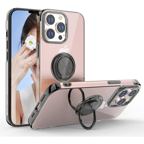 Compatible with iPhone 13 Pro Max Case, Ultra Slim Soft TPU Cover Built-in Rotatable Ring Kickstand Fit Magnetic Car Mount for iPhone 13 Pro Max 6.7 inch, Black