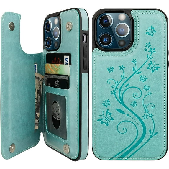 Compatible with iPhone 13 Pro Max Case Wallet with Card Holder, Embossed Butterfly Pattern PU Leather Double Buttons Flip Shockproof Protective Cover for Magnetic Car Mount 6.7 Inch (Green)