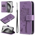 thumbnail image 1 of Compatible with iPhone 13 Pro Max Case Wallet Case with Kickstand Credit Card Holder Slots Cute Cat Butterfly & Tree Embossed Premium PU Leather Protective Phone Case with Wrist Strap,Lightpurple, 1 of 9