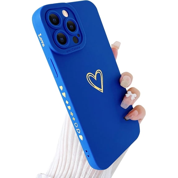 Compatible with iPhone 13 Pro Max Case for Women, Bronzing Luxury Heart Phone Case Cute Side Pattern Soft TPU Shockproof Full Camera Lens Protective Cover for iPhone 13 Pro Max(Klein Blue)