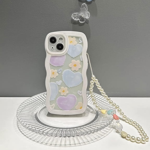 Compatible with iPhone 13 Pro Max Case for Women/Girls, Cute Curly Wave Flowers Flora Love-Heart Platinum Transparent Soft Shockproof Case with Bracelet for iPhone 13 Pro Max